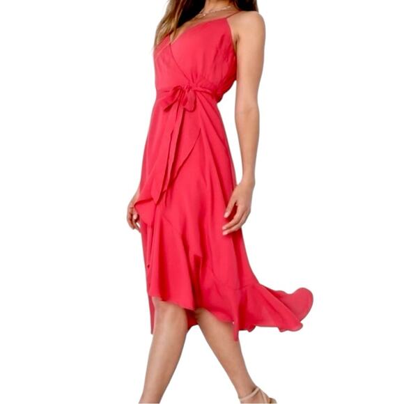 Lulu’s Wrap Dress Sleeveless Hi Low Ruffle Hem Coral Pink Women’s Size Small - Picture 16 of 16